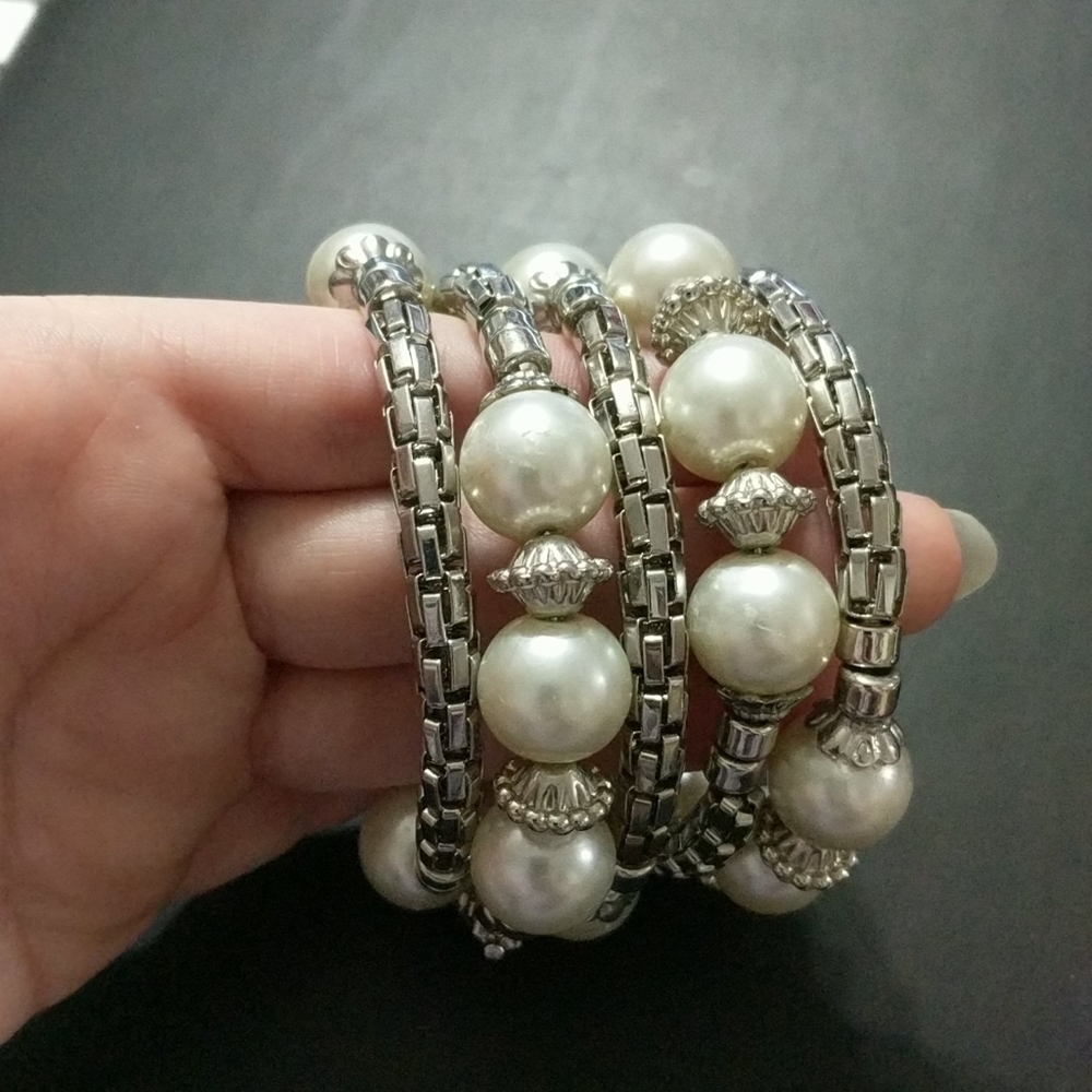 Silver Tone Faux Pearl Multi Wrap Bauble Bracelet - Picture 2 of 3